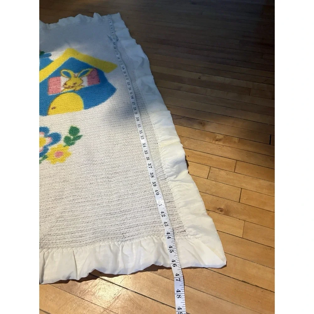 Vintage Waffle Weave Baby blanket Satin Trim Bunny Rabbit House